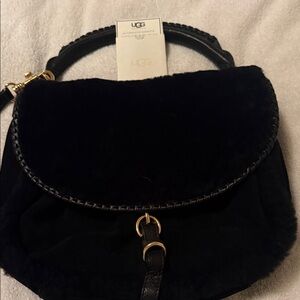 UGG Black Shearling Flap Shoulder Bag with Gold Hardware